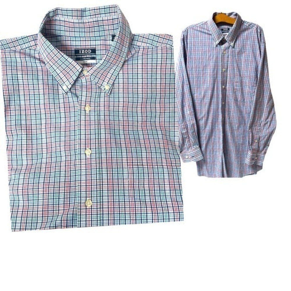 Men's BIG FIT Dress Shirt Stretch plaid (Big) 18 34/35 Red white blue